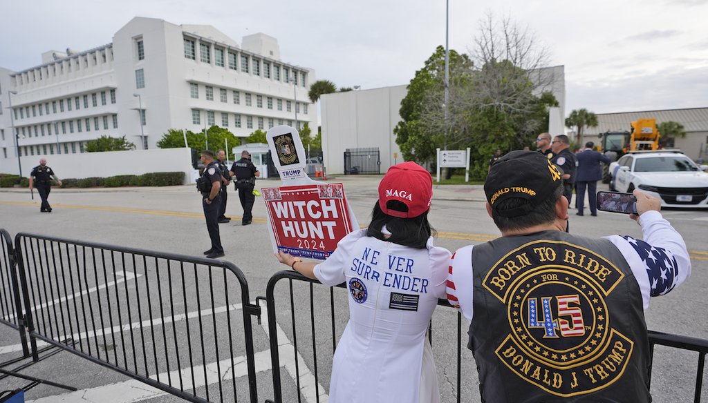 Supporters of former President Donald Trump wait for his arrival at the Federal Courthouse March 1, 2024, in Fort Pierce, Fla., where his classified documents case was being heard. (AP)